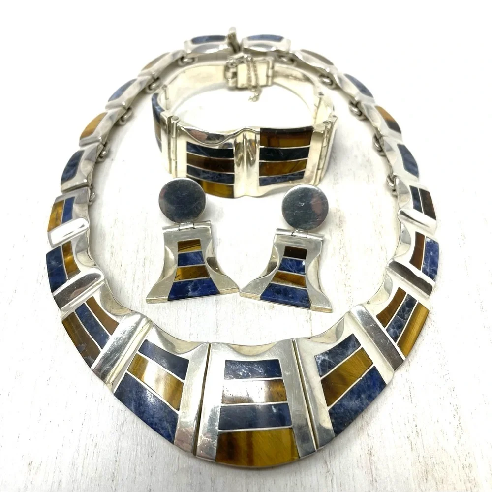 TAXCO three piece sterling silver set with inlaid gemstones, NWOT - Picture 2 of 14